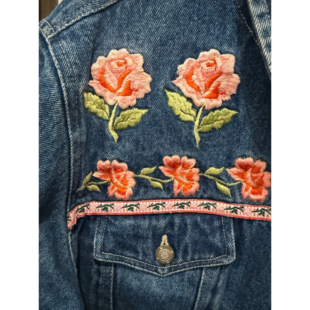 Vintage Bill Blass Womens Jeans Denim Jacket Embroidered Roses Pink Trim Size L - Picture 4 of 8
